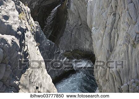 Stock Image - "Volcanic basalt formations, Gole dellâ€™Alcantara gorge, at Ficarazzi, Sicily region, Italy, Europe". Fotosearch