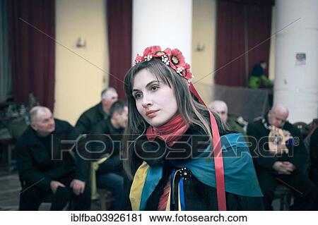 Stock Image - "Volunteer distributing clothing in the occupied City Hall, Euromaidan, Kiev, Ukraine, Europe". Fotosearch