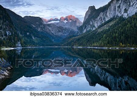 Picture - "Vorderer Gosausee with reflection of the Hoher Dachstein, Dachstein Mountains, Gosau, Salzkammergut, Upper Austria, Austria, Europe". Fotosearch