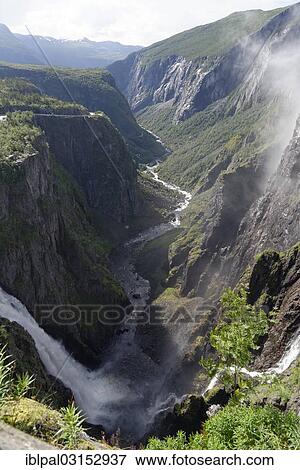 Stock Photo - "Voringsfossen Waterfall in the valley, Hardangervidda, Eidfjord, Norway, Europe". Fotosearch