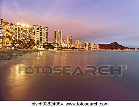 "Waikiki Beach at dusk, Honolulu, Oahu, Hawaii, United States, North America" View Large Photo Image Picture - "Waikiki Beach at dusk, Honolulu, Oahu, Hawaii, United States, North America". Fotosearch