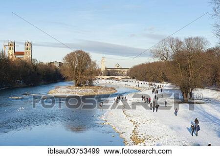 "Walkers at the Isar River in the snow, Glockenbachviertel quarter, Munich, Upper Bavaria, Bavaria, Germany, Europe" View Large Photo Image Stock Photo - "Walkers at the Isar River in the snow, Glockenbachviertel quarter, Munich, Upper Bavaria, Bavaria, Germany, Europe". Fotosearch