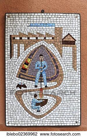 Stock Image - "Wall mosaic, Glass blower, Murano, Venice, Veneto, Italy, Europe". Fotosearch
