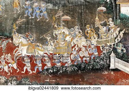 "Wall painting, also known as Ramayana Fresco, with scenes from the Khmer version of the classic Indian epic of Ramayana in the covered galleries of the Silver Pagoda, Phnom Penh, Cambodia, Southeast Asia, Asia" View Large Photo Image Stock Photo - "Wall painting, also known as Ramayana Fresco, with scenes from the Khmer version of the classic Indian epic of Ramayana in the covered galleries of the Silver Pagoda, Phnom Penh, Cambodia, Southeast Asia, Asia". Fotosearch