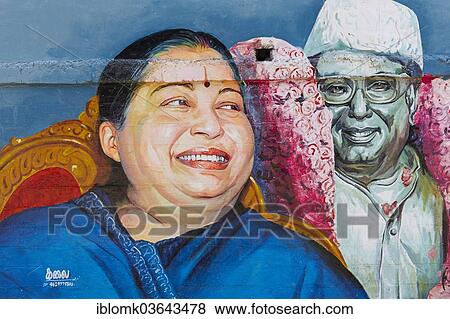 Stock Photo - "Wall painting depicting the Tamil actress and politician Jayalalithaa Jayaram, Madurai, Tamil Nadu, India, Asia". Fotosearch