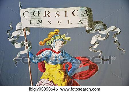 Stock Photography - "Wall painting of a female figure and a flag with the inscription """"Corsica Insula"""", Corte, Corsica, France, Europe". Fotosearch