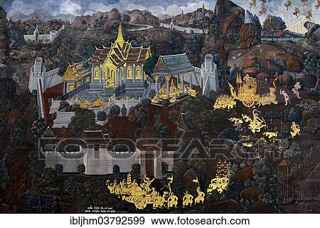 Stock Photo - "Wall painting with motifs from the Ramakian, Wat Phra Kaeo Temple, Grand Palace, Bangkok, Thailand, Asia". Fotosearch