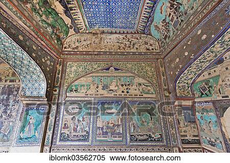 Stock Photography - "Wall paintings or frescoes painted with natural colours from the Bundikalam school of painting, Chitrashala or Pavilion of the Paintings, Taragarh Fort, Bundi, Rajasthan, India, Asia". Fotosearch