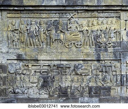 Stock Image - "Wall relief of the temple complex of Borobudur, UNESCO World Cultural Heritage Site, Borobudur, Yogyakarta, Java, Indonesia, Asia". Fotosearch