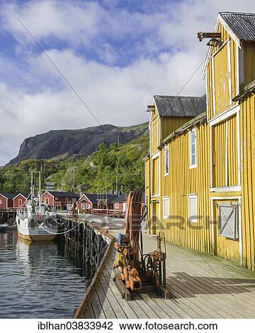 "Warehouse and Rorbuer fishermen's cabins in the port of Nusfjord, Lofoten, Nordland, Norway, Europe" View Large Photo Image Stock Image - "Warehouse and Rorbuer fishermen's cabins in the port of Nusfjord, Lofoten, Nordland, Norway, Europe". Fotosearch
