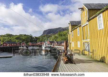 "Warehouse and Rorbuer fishermen's cabins in the port of Nusfjord, Lofoten, Nordland, Norway, Europe" View Large Photo Image Stock Photo - "Warehouse and Rorbuer fishermen's cabins in the port of Nusfjord, Lofoten, Nordland, Norway, Europe". Fotosearch