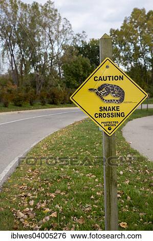 Stock Photograph - "Warning sign, snake crossing, Sterling State Park, Monroe, Michigan, United States, North America". Fotosearch