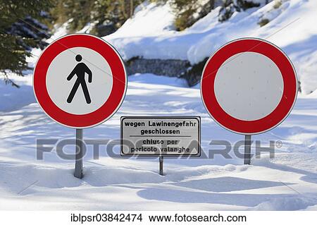 Picture - "Warning signs, danger of avalanches, Penserjoch ridge, Sterzing, province of Alto Adige, Italy, Europe". Fotosearch