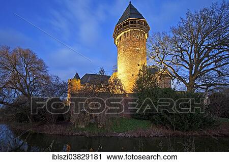"Wasserschloss Burg Linn, a moated castle in Krefeld-Linn, illuminated at dusk, Lower Rhine region, Westphalia, North Rhine-Westphalia, Germany, Europe" View Large Photo Image Stock Image - "Wasserschloss Burg Linn, a moated castle in Krefeld-Linn, illuminated at dusk, Lower Rhine region, Westphalia, North Rhine-Westphalia, Germany, Europe". Fotosearch