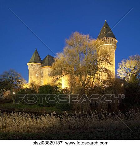 "Wasserschloss Burg Linn, a moated castle in Krefeld-Linn, illuminated at dusk, Lower Rhine region, Westphalia, North Rhine-Westphalia, Germany, Europe" View Large Photo Image Stock Photo - "Wasserschloss Burg Linn, a moated castle in Krefeld-Linn, illuminated at dusk, Lower Rhine region, Westphalia, North Rhine-Westphalia, Germany, Europe". Fotosearch