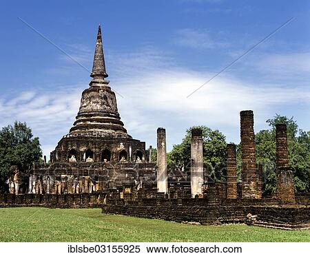 Stock Photography - "Wat Chang Lom, step pyramid with standing elephant statues, Si Satchanalai Historical Park, Si Satchanalai, Thailand, Asia". Fotosearch