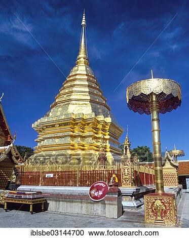 Stock Image - "Wat Phra That Doi Suthep mountain temple, golden chedi with a golden umbrella, Chiang Mai, Northern Thailand, Thailand, Asia". Fotosearch