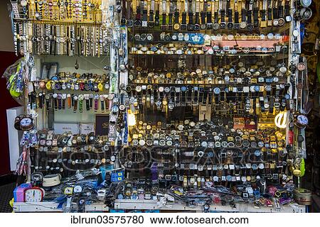 Stock Image - "Watches for sale in the Bazaar of Sulaymaniyah, Sulaymaniyah, Iraqi Kurdistan, Iraq, Asia". Fotosearch