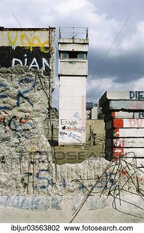 Stock Image - "Watchtower at the Berlin Wall, April 1990, Berlin, Berlin, Germany, Europe". Fotosearch