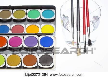 "Water colours, paint box with various colours and brushes" View Large Photo Image Picture - "Water colours, paint box with various colours and brushes". Fotosearch