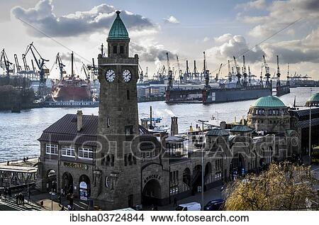 "Water level tower of St. Pauli Landing Bridges in front of the Blohm + Voss shipyard with cranes, Hamburg-Mitte, Hamburg, Hamburg, Germany, Europe" View Large Photo Image Picture - "Water level tower of St. Pauli Landing Bridges in front of the Blohm + Voss shipyard with cranes, Hamburg-Mitte, Hamburg, Hamburg, Germany, Europe". Fotosearch