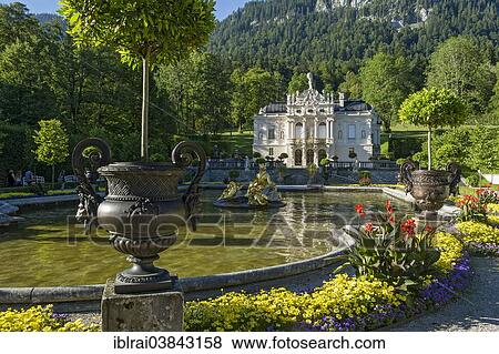 Stock Photo - "Water parterre with the Flora fountain, palace gardens in front of Schloss Linderhof Palace, Upper Bavaria, Bavaria, Germany, Europe". Fotosearch