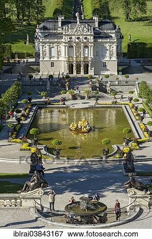 Stock Photo - "Water parterre with the Flora fountain, palace gardens in front of Schloss Linderhof Palace, Upper Bavaria, Bavaria, Germany, Europe". Fotosearch