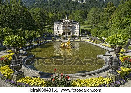 Stock Photography - "Water parterre with the Flora fountain, palace gardens in front of Schloss Linderhof Palace, Upper Bavaria, Bavaria, Germany, Europe". Fotosearch