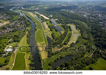 Stock Image - "Water recovery plant, aerial view, near Burgaltendorf, Essen, Ruhr Valley, North Rhine-Westphalia, Germany, Europe". Fotosearch