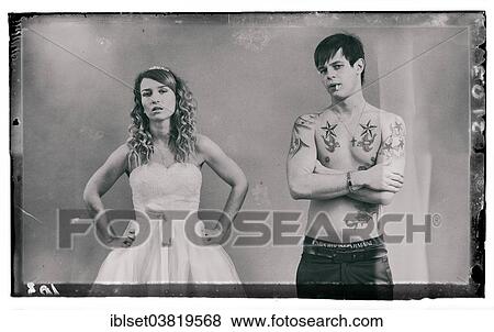 "Wedding picture, bride and groom, bare chested groom with tattoos and a cigarette" View Large Photo Image Stock Photo - "Wedding picture, bride and groom, bare chested groom with tattoos and a cigarette". Fotosearch