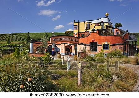 Stock Image - "Weingut Hirn winery, built by the artist Friedensreich Hundertwasser, surrounded by vineyards, Dipbacher Str 8, Untereisenheim, Lower Franconia, Bavaria, Germany, Europe, PublicGround, Europe". Fotosearch