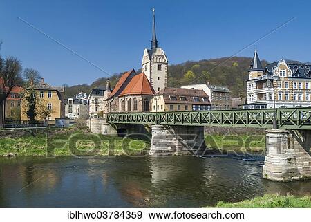 Stock Photo - "Weisse Elster River with the Untermhauser Brucke Bridge and St. Mary's Church, Gera, Thuringia, Germany, Europe". Fotosearch