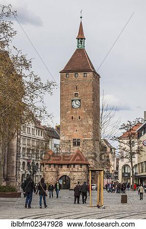 Stock Photo - "Weisser Turm tower, Jakobsplatz square, Nuremberg, Middle Franconia, Bavaria, Germany, Europe". Fotosearch