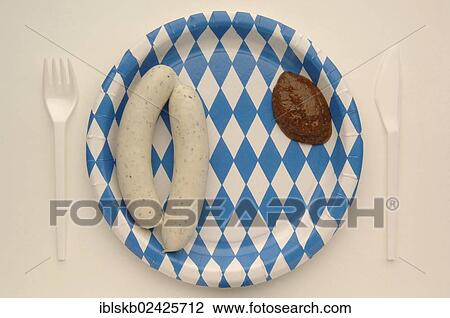 Weisswurst veal sausage with mustard on a paper plate with the Bavarian diamond pattern View Large Photo Image Stock Image - Weisswurst veal sausage with mustard on a paper plate with the Bavarian diamond pattern. Fotosearch
