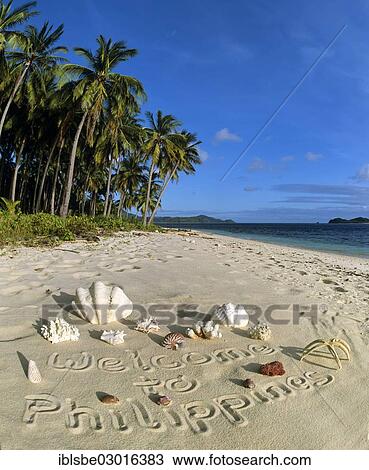 "Welcome To Philippines"""", welcome message written in the sand, beach, shells, palm trees" View Large Photo Image Stock Image - "Welcome To Philippines"""", welcome message written in the sand, beach, shells, palm trees". Fotosearch