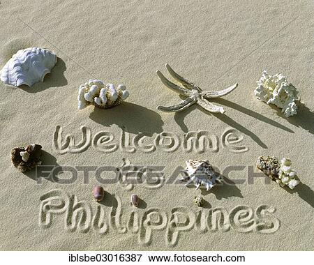 "Welcome to Philippines"""", welcome message written in the sand, sea shells, beach, Palawan, Mimaropa, Philippines, Asia" View Large Photo Image Stock Photo - "Welcome to Philippines"""", welcome message written in the sand, sea shells, beach, Palawan, Mimaropa, Philippines, Asia". Fotosearch