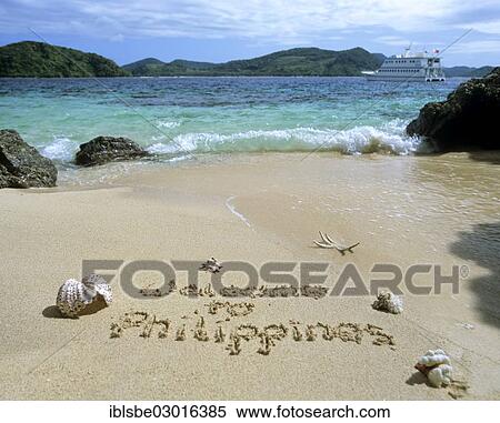 "Welcome to Philippines, """" welcome message written in the sand, sea shells, beach, excursion boat at back, Linapacan Strait, Palawan, Mimaropa, Philippines, Asia" View Large Photo Image Stock Photography - "Welcome to Philippines, """" welcome message written in the sand, sea shells, beach, excursion boat at back, Linapacan Strait, Palawan, Mimaropa, Philippines, Asia". Fotosearch