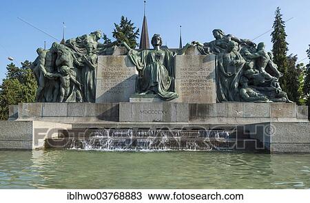 Stock Image - "Welttelegrafen monument or World Telegraph monument with fountains, Bern, Canton of Bern, Switzerland, Europe". Fotosearch