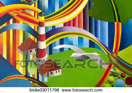 Stock Photo - "Westerheversand Lighthouse, St. Peter-Ording, acrylic painting, artist Gerhard Kraus, Kriftel, North Frisia, Schleswig-Holstein, Germany, Europe". Fotosearch