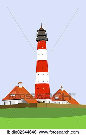 Stock Photograph - "Westerheversand Lighthouse, Westerhever, North Frisia, Schleswig-Holstein, northern Germany, Germany, Europe, illustration by artist Gerhard Kraus, Europe". Fotosearch