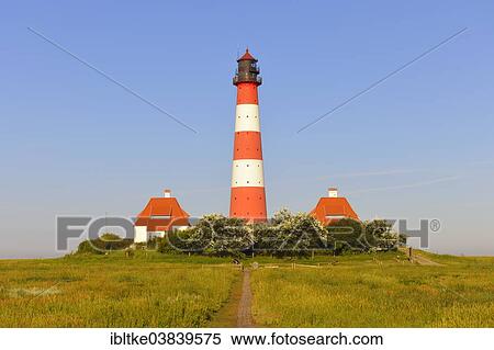 Stock Photography - "Westerheversand Lighthouse, Westerhever, Eiderstedt, North Frisia, Schleswig-Holstein, Germany, Europe". Fotosearch