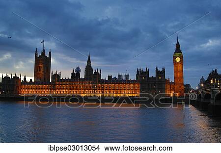 Picture - "Westminster Hall, Elizabeth Tower or Big Ben, Houses of Parliament, River Thames, Westminster Bridge in the evening, City of Westminster, London, London region, England, United Kingdom, Europe". Fotosearch