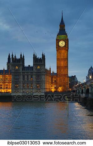 Stock Image - "Westminster Hall, Elizabeth Tower or Big Ben, Houses of Parliament, River Thames, Westminster Bridge in the evening, City of Westminster, London, London region, England, United Kingdom, Europe". Fotosearch