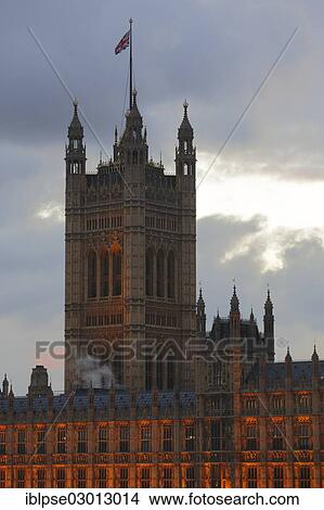 Picture - "Westminster Hall, Victoria Tower in the evening, City of Westminster, London, London region, England, United Kingdom, Europe". Fotosearch