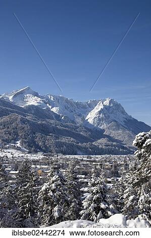 Picture - "Wetterstein Range, Alpspitze Mountain, Zugspitze Mountain, view from the Gasthof Panorama guesthouse, winter, snow landscape, Garmisch-Partenkirchen, Upper Bavaria, Bavaria, Germany, Europe". Fotosearch