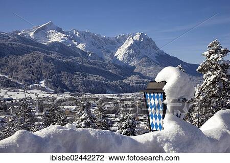 Stock Image - "Wetterstein Range, Alpspitze Mountain, Zugspitze Mountain, view from the Gasthof Panorama guesthouse, winter, snow landscape, Garmisch-Partenkirchen, Upper Bavaria, Bavaria, Germany, Europe". Fotosearch