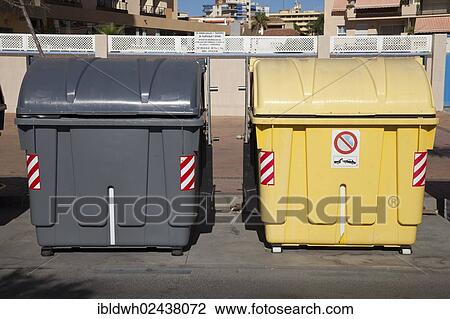"Wheeled trash cans for residual waste and recycling material standing on the roadside, Fuengirola, Costa del Sol, Andalusia, Spain, Europe, PublicGround, Europe" View Large Photo Image Stock Image - "Wheeled trash cans for residual waste and recycling material standing on the roadside, Fuengirola, Costa del Sol, Andalusia, Spain, Europe, PublicGround, Europe". Fotosearch