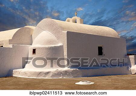 Stock Image - "White Orthodox chapel in Oia, Ia, Santorini, Cyclades Islands, Greece, Europe". Fotosearch