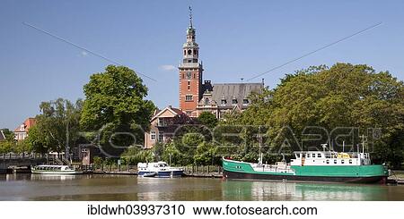 "Wilhelm Klopp promenade and marina, Town Hall, Leer, East Frisia, Lower Saxony, Germany, Europe" View Large Photo Image Stock Image - "Wilhelm Klopp promenade and marina, Town Hall, Leer, East Frisia, Lower Saxony, Germany, Europe". Fotosearch
