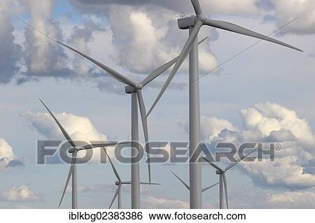 Stock Photograph - "Wind turbines, wind farm, Canadian Maritimes, clouds, sky, Amherst, Nova Scotia, Canada, North America". Fotosearch